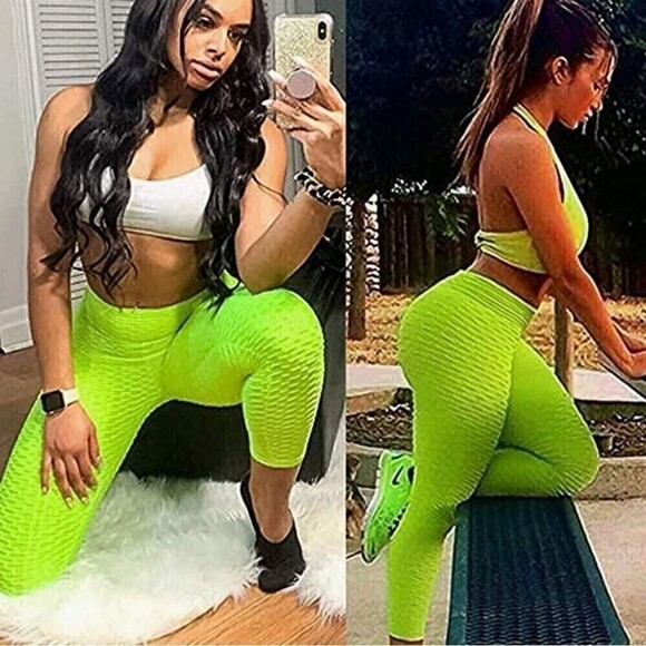 Scrunch Butt Anti-Cellulite Textured Neon Yellow Tik Tok Workout Leggings - Picture 3 of 8